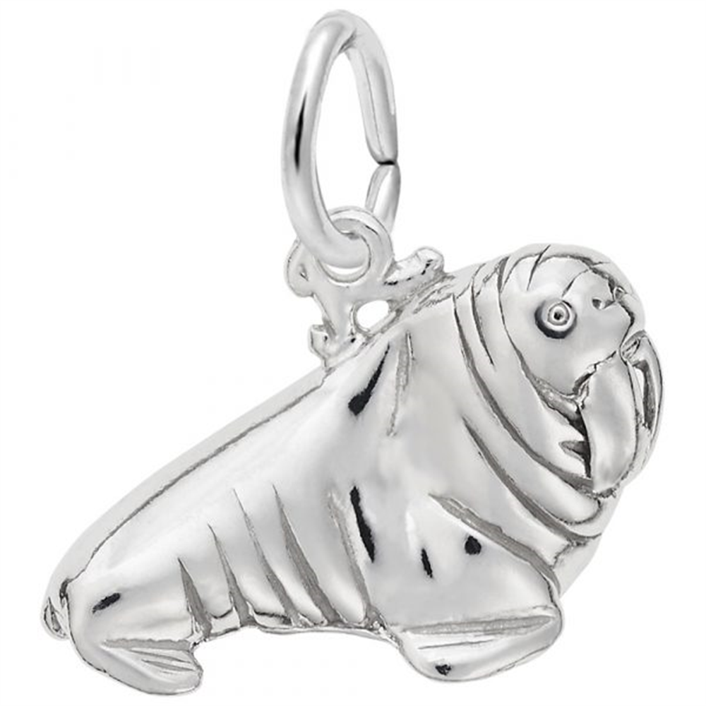 The Rembrandt Charms Walrus Charm in Sterling Silver comes with an attached ring for easy addition to a bracelet or necklace. This piece features detailed flippers, tusks, and wrinkles, capturing the essence of a walrus in a polished metallic finish.