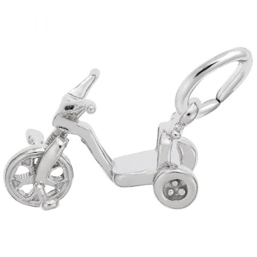 The Tricycle Charm in Sterling Silver by Rembrandt Charms features a detailed front wheel, handlebars, and a small loop on the back for attaching to a chain or bracelet. This piece of nostalgic jewelry is perfect for remembering simpler times.