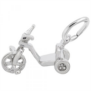 The Tricycle Charm in Sterling Silver by Rembrandt Charms features a detailed front wheel, handlebars, and a small loop on the back for attaching to a chain or bracelet. This piece of nostalgic jewelry is perfect for remembering simpler times.
