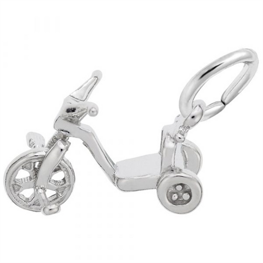 The Tricycle Charm in Sterling Silver by Rembrandt Charms features a detailed front wheel, handlebars, and a small loop on the back for attaching to a chain or bracelet. This piece of nostalgic jewelry is perfect for remembering simpler times.