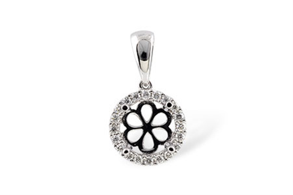 The SEMI PENDANT 0.14 TW by Allison Kaufman showcases a graceful circular design adorned with a central flower-like motif. The center is embellished with six black petals, each boasting white centers, encircled by a delicate ring of sparkling clear diamonds. Its simple, smooth bail ensures it remains a timeless piece for any jewelry collection.