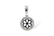 The SEMI PENDANT 0.14 TW by Allison Kaufman showcases a graceful circular design adorned with a central flower-like motif. The center is embellished with six black petals, each boasting white centers, encircled by a delicate ring of sparkling clear diamonds. Its simple, smooth bail ensures it remains a timeless piece for any jewelry collection.