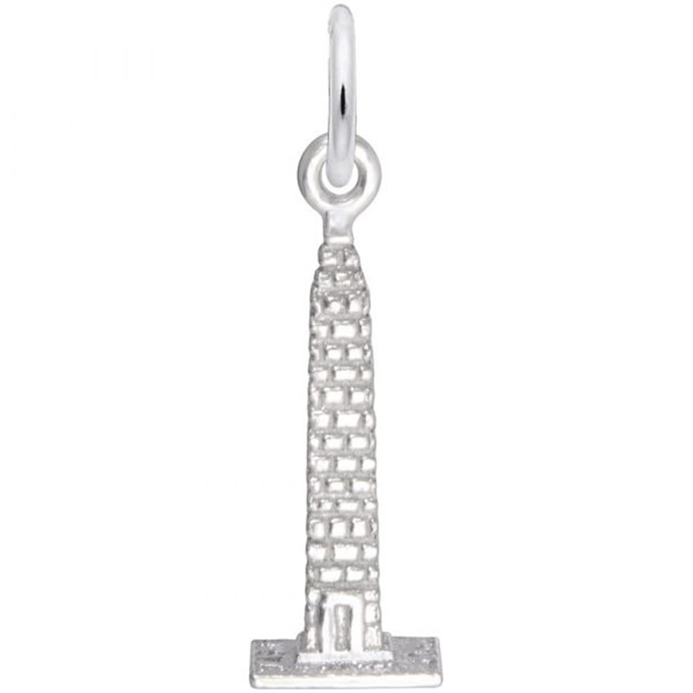 The Rembrandt Charms Washington Monument Charm in sterling silver features a cylindrical base that transitions into a rectangular, brick-textured structure reminiscent of the iconic monument. A small loop at the top allows for easy attachment to a chain or bracelet.