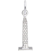 The Rembrandt Charms Washington Monument Charm in sterling silver features a cylindrical base that transitions into a rectangular, brick-textured structure reminiscent of the iconic monument. A small loop at the top allows for easy attachment to a chain or bracelet.
