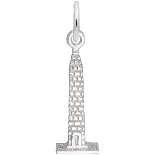 The Rembrandt Charms Washington Monument Charm in sterling silver features a cylindrical base that transitions into a rectangular, brick-textured structure reminiscent of the iconic monument. A small loop at the top allows for easy attachment to a chain or bracelet.