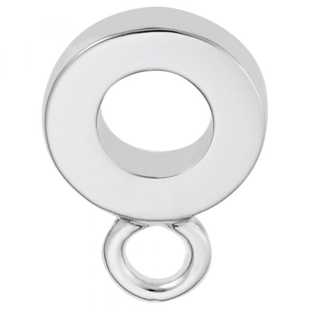 A polished, circular Charmdrop Pandora adapter by Rembrandt Charms, made of sterling silver, featuring a large central hole and a smaller attached ring—ideal for connecting Sterling Silver Charms.
