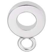 A polished, circular Charmdrop Pandora adapter by Rembrandt Charms, made of sterling silver, featuring a large central hole and a smaller attached ring—ideal for connecting Sterling Silver Charms.
