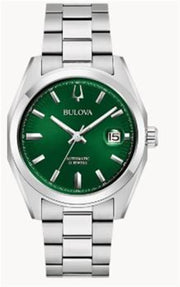 The Bulova 96B429 is a men's silver-tone watch with a green face, silver hour markers, date window at 3 o'clock, and a stainless steel band.