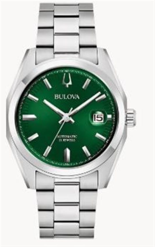 The Bulova 96B429 is a men's silver-tone watch with a green face, silver hour markers, date window at 3 o'clock, and a stainless steel band.
