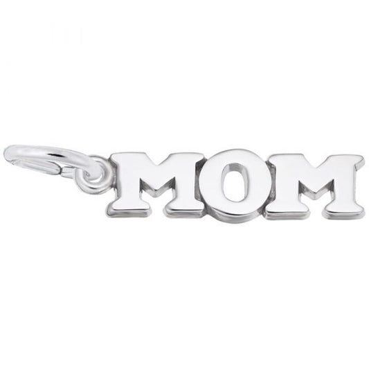 A Rembrandt Charms Mom Charm / Sterling Silver, designed to be attached to a necklace or bracelet. Crafted from sterling silver, the bold and shiny letters create a simple yet elegant piece of jewelry – a perfect Mom Charm.