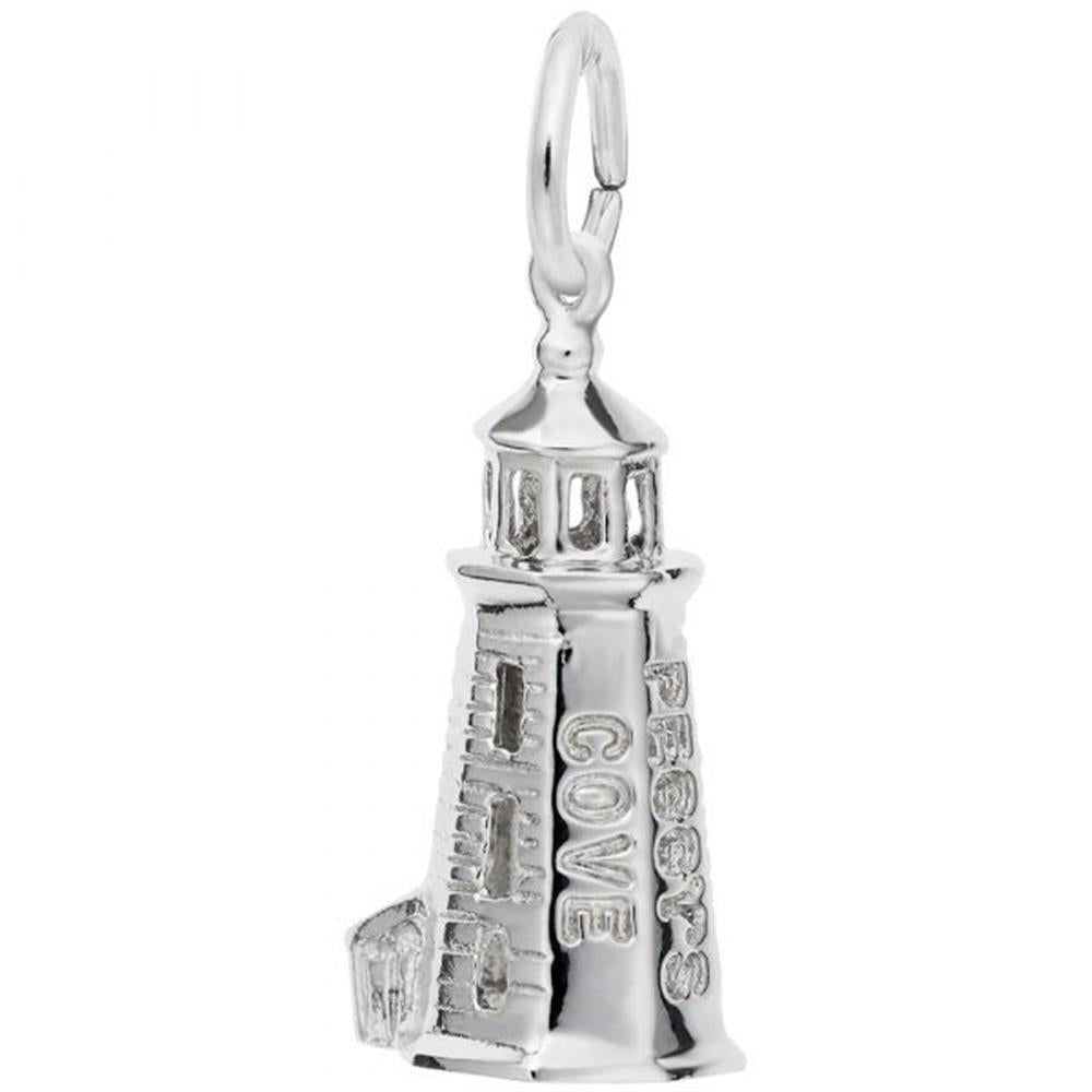 The Peggy's Cove Lighthouse Charm in Sterling Silver by Rembrandt Charms features intricate detailing, including engraved "Peggy's Cove" on its side. The charm showcases detailed windows, a small attached building at the base, and a loop at the top for easy attachment to a chain or bracelet.