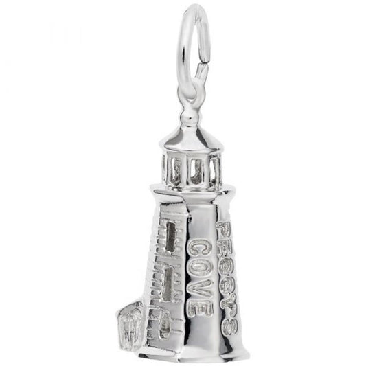 The Peggy's Cove Lighthouse Charm in Sterling Silver by Rembrandt Charms features intricate detailing, including engraved "Peggy's Cove" on its side. The charm showcases detailed windows, a small attached building at the base, and a loop at the top for easy attachment to a chain or bracelet.