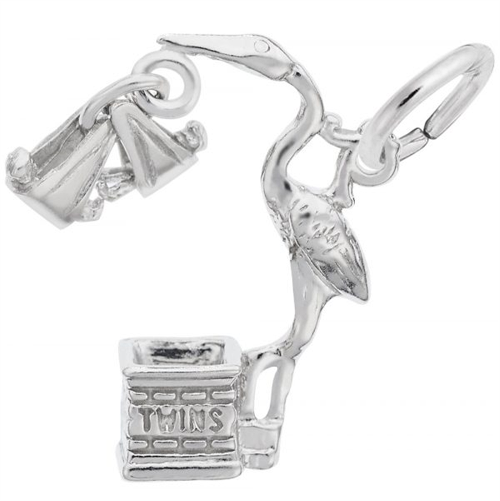 The Twins Stork Charm by Rembrandt Charms is crafted in sterling silver and features a stork holding a baby bundle beside a rectangular block engraved with “TWINS.” This charming keepsake makes an ideal gift for new parents celebrating their double bundle of joy.
