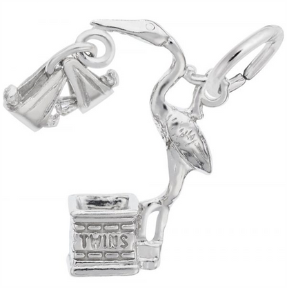 The Twins Stork Charm by Rembrandt Charms is crafted in sterling silver and features a stork holding a baby bundle beside a rectangular block engraved with “TWINS.” This charming keepsake makes an ideal gift for new parents celebrating their double bundle of joy.