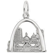 A detailed Rembrandt Charms Sterling Silver St Louis Charm, featuring a cityscape with buildings and a prominent arch reminiscent of the Gateway Arch in St. Louis. Perfect for adding to a bracelet or necklace, it includes a small loop at the top for easy attachment.