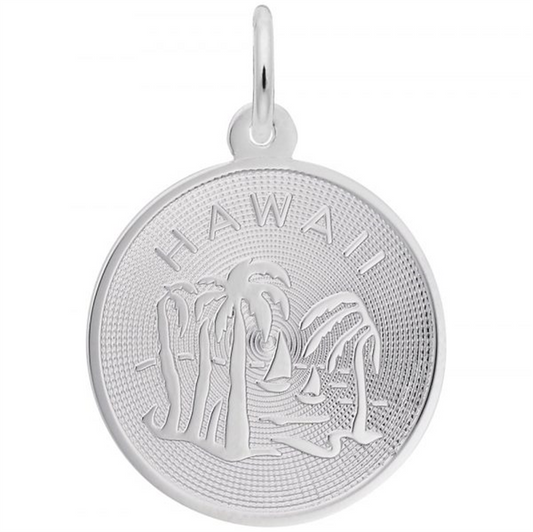 The Hawaii Palm Tree Sterling Silver Charm by Rembrandt Charms features engraved palm trees, a sailboat, waves, and the embossed word "Hawaii," capturing paradise.