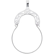 The "Charm Holder Filigree Arch" by Rembrandt Charms is a sterling silver, pear-shaped pendant adorned with an intricate filigree arch pattern at the top. The lower part of the pendant is a simple, smooth ring, providing a delicate contrast to the ornate scrollwork design above, making it an elegant accessory.