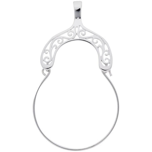 The "Charm Holder Filigree Arch" by Rembrandt Charms is a sterling silver, pear-shaped pendant adorned with an intricate filigree arch pattern at the top. The lower part of the pendant is a simple, smooth ring, providing a delicate contrast to the ornate scrollwork design above, making it an elegant accessory.
