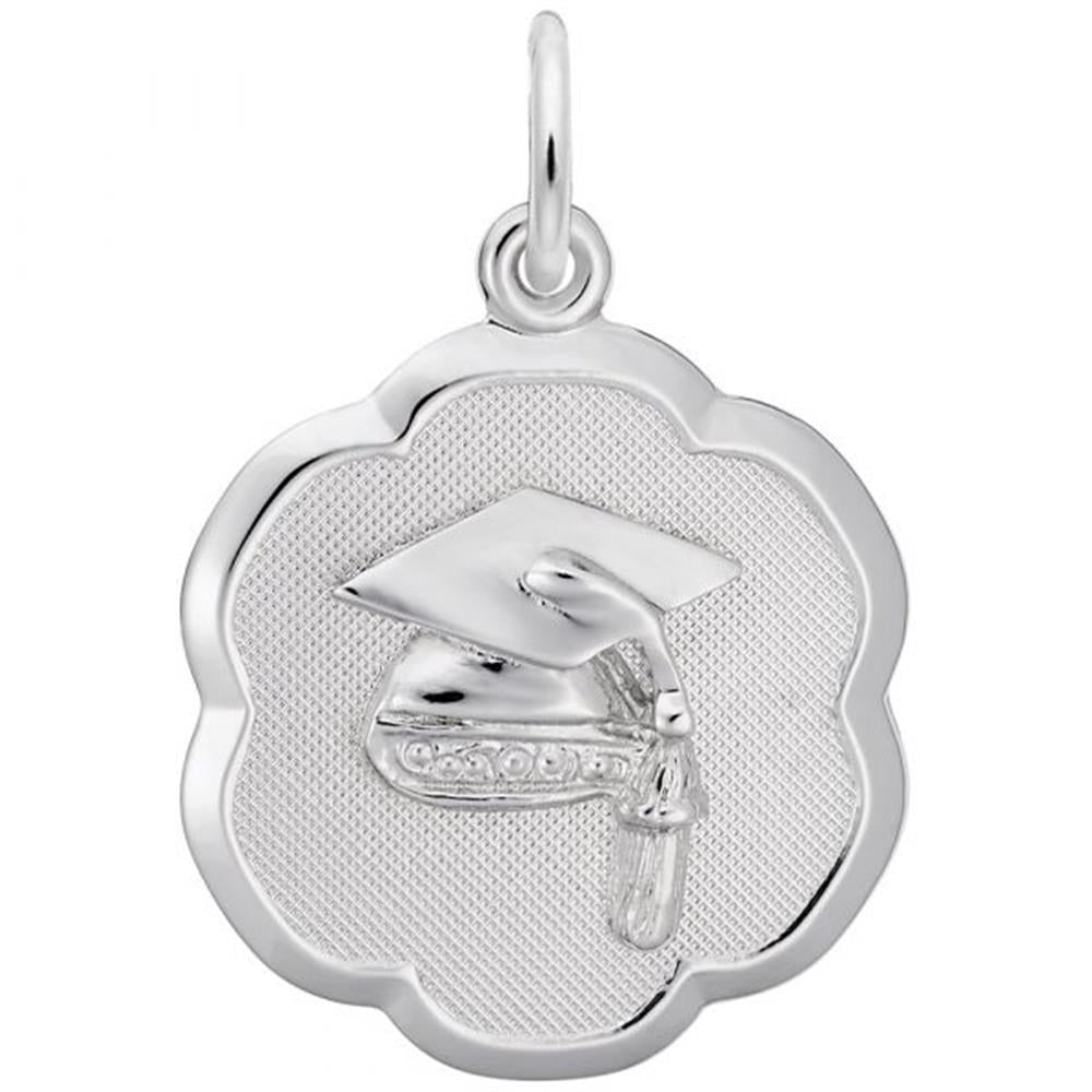 The Graduation Cap Scalloped Disc Charm by Rembrandt Charms showcases a raised graduation cap and diploma design at its center, all crafted in polished sterling silver. The charm's scalloped edge and subtly textured background create a beautiful contrast with the smooth, shiny elements, reflecting the exquisite craftsmanship typical of Rembrandt Charms.