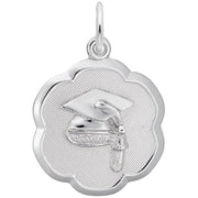 The Graduation Cap Scalloped Disc Charm by Rembrandt Charms showcases a raised graduation cap and diploma design at its center, all crafted in polished sterling silver. The charm's scalloped edge and subtly textured background create a beautiful contrast with the smooth, shiny elements, reflecting the exquisite craftsmanship typical of Rembrandt Charms.