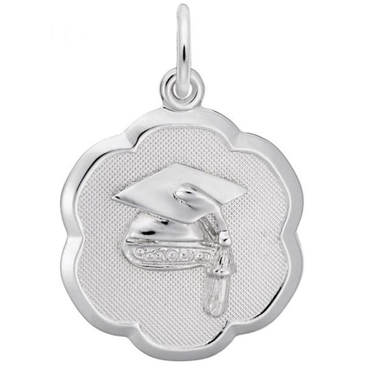 The Graduation Cap Scalloped Disc Charm by Rembrandt Charms showcases a raised graduation cap and diploma design at its center, all crafted in polished sterling silver. The charm's scalloped edge and subtly textured background create a beautiful contrast with the smooth, shiny elements, reflecting the exquisite craftsmanship typical of Rembrandt Charms.
