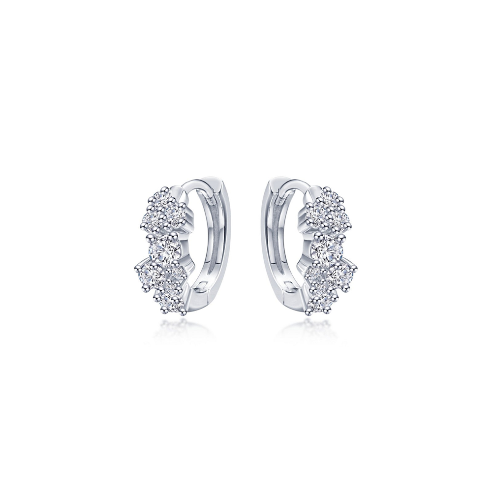 The Lafonn Huggie Earrings with Shiny Clusters are a pair of elegant white gold earrings adorned with clusters of small, shimmering diamonds. The shiny clusters enhance the secure latch-back closure and offer a delicate, sparkling design perfect for a sophisticated accessory.