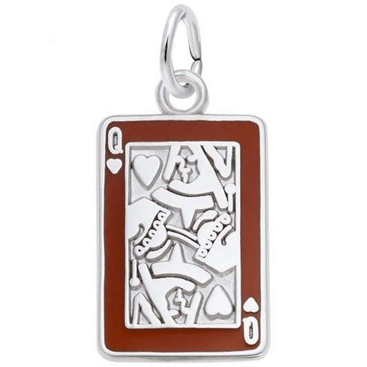 Rembrandt Charms' "queen of hearts" is a sterling silver charm shaped like a playing card with the queen of hearts, featuring an intricate center cutout and a red border. It includes a loop for easy attachment to bracelets or necklaces.