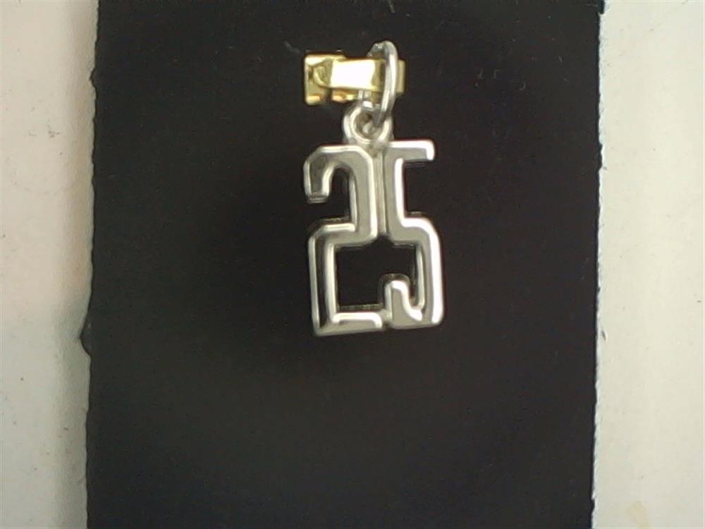 The Rembrandt Charms Number 25 Charm in sterling silver is showcased against a dark background. The pendant boasts a simple, geometric design and is attached to a small, gold-colored clasp.