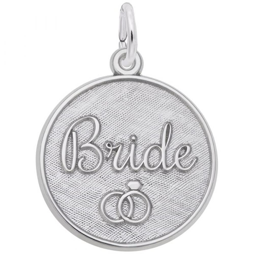 The Bride Engravable Disc Charm in sterling silver by Rembrandt Charms features a round pendant with a textured background. The word "Bride" is elegantly engraved in cursive at the center, accompanied by an image of two interlocked wedding rings below it. This charming piece includes a small loop at the top for easy attachment to a chain or bracelet.