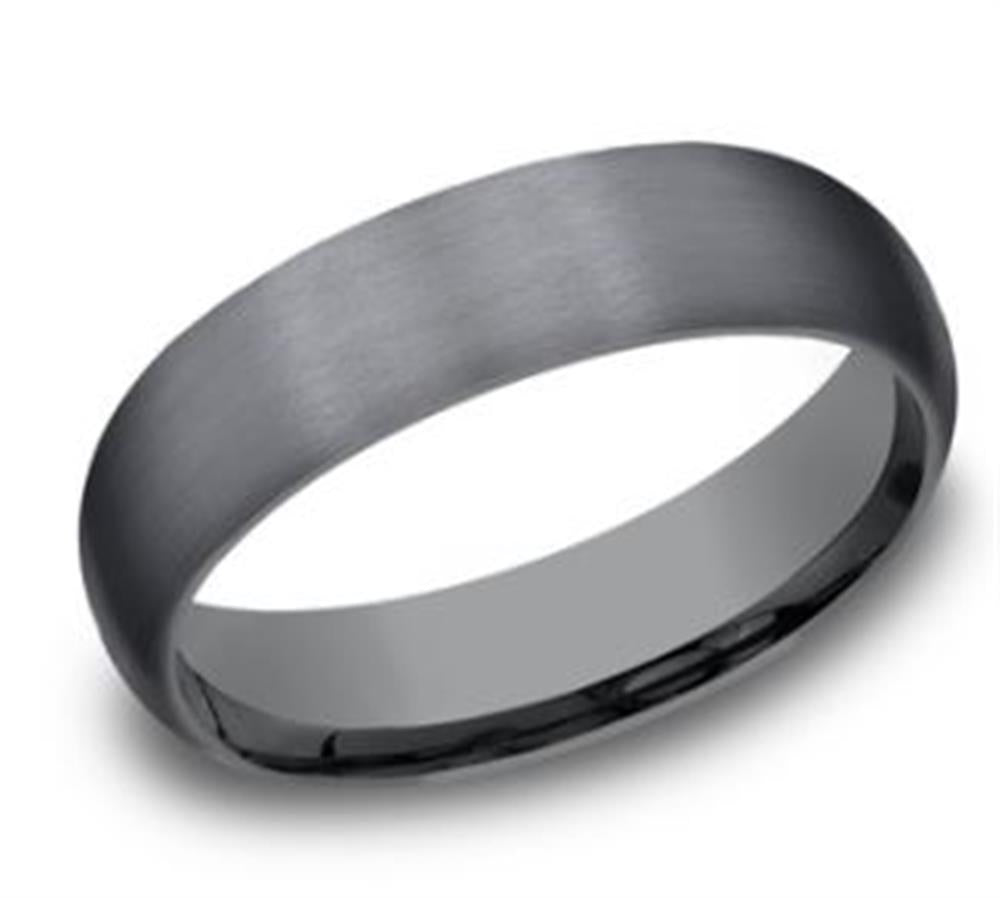 The 6mm Tantalum Domed Satin Ring by Benchmark Rings features a simple, polished gray surface with a subtle satin finish and smoothly rounded edges. This comfort-fit ring offers a plain yet modern, minimalist design and is showcased against a plain white background.