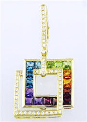 A Bellarri Malibu Nouveau gold earring features two interlocking square frames encrusted with diamonds. The inner square is decorated with multicolored gemstones arranged in a gradient from purple to green, while the top includes a clasp for fastening.