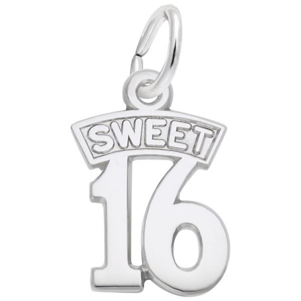 A Rembrandt Charms Sweet 16 Charm / Sterling Silver, shaped like the number 16 with the word "SWEET" in a banner above it. Perfect for commemorating a Sweet 16, this charm features a loop at the top for easy attachment to a bracelet or necklace.
