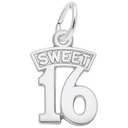 A Rembrandt Charms Sweet 16 Charm / Sterling Silver, shaped like the number 16 with the word "SWEET" in a banner above it. Perfect for commemorating a Sweet 16, this charm features a loop at the top for easy attachment to a bracelet or necklace.
