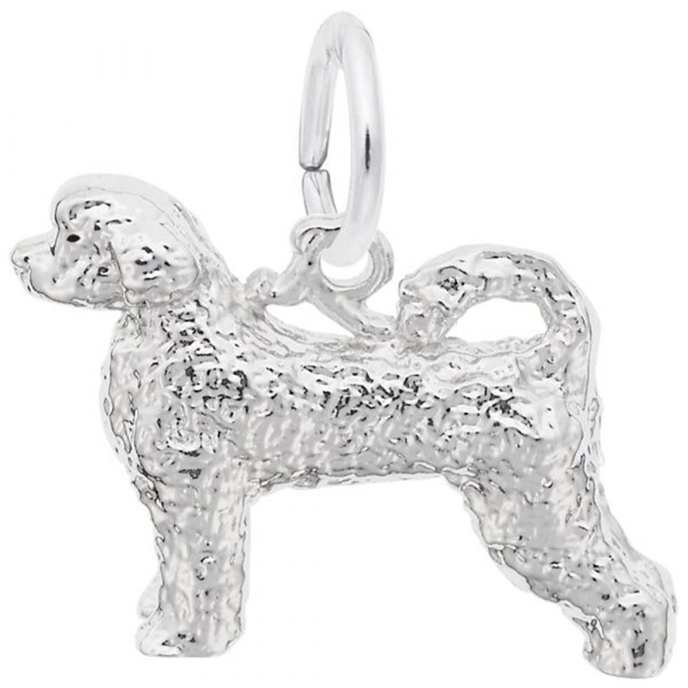The Rembrandt Charms Portuguese Water Dog Charm in Sterling Silver is intricately designed to capture the curly fur of the breed. Featuring detailed texturing that mimics the dog's coat, this charm includes a curled tail and a sturdy loop at the top for easy attachment to a bracelet or necklace. The dog stands in profile, looking left.