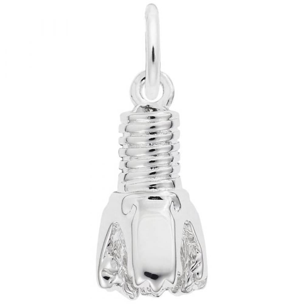 A small, sterling silver Oil Drill Charm from Rembrandt Charms. The pendant features intricate detailing, with the drill's parts and mechanisms visible. It has a loop at the top for attaching to a chain or bracelet.