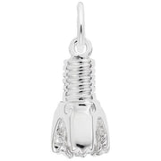 A small, sterling silver Oil Drill Charm from Rembrandt Charms. The pendant features intricate detailing, with the drill's parts and mechanisms visible. It has a loop at the top for attaching to a chain or bracelet.