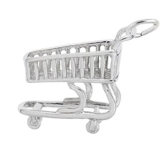 The Rembrandt Charms Shopping Cart Charm in sterling silver features intricate details, including a handle, basket, and four small, round wheels. It also has a loop at the front, making it easy to attach to jewelry such as bracelets or necklaces.