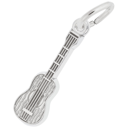 The Rembrandt Charms Small Guitar - Sterling Silver Charm boasts intricate detailing on the body and neck, all attached to a circular ring at the top.