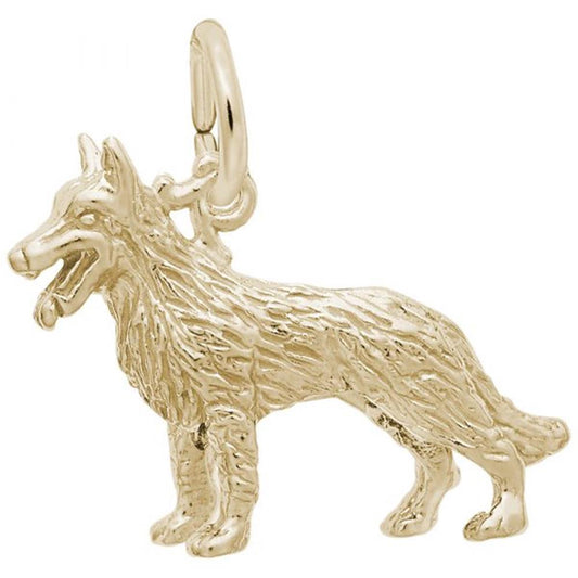 The Rembrandt Charms German Shepherd Dog Charm, crafted from gold-plated sterling silver, features a detailed design with a textured fur coat, pointed ears, and an open mouth. This charming piece includes a small loop on top for attaching to a chain or bracelet.