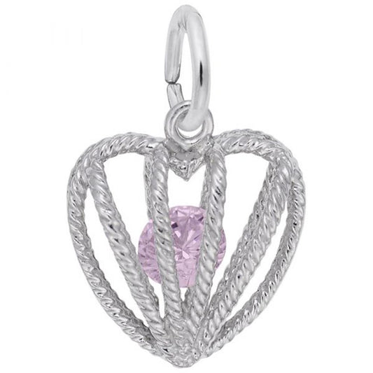 The Rembrandt Charms' Embraced with Love October Stone Charm in sterling silver features a heart-shaped pendant with a twisted rope design encasing a small, round pink tourmaline gemstone at its center. The pendant includes a loop at the top for easy attachment to a chain or bracelet, showcasing the intricate craftsmanship synonymous with Rembrandt Charms.