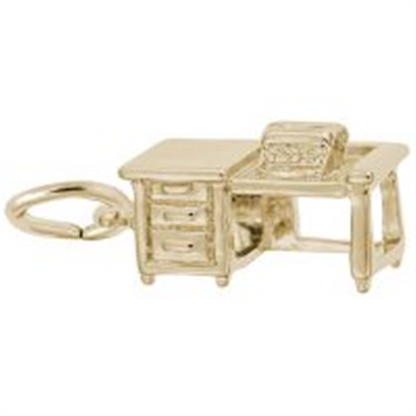 The Rembrandt Charms Typewriter And Desk Charm- Gold Plated features a detailed desk with drawers and a typewriter on top, complete with a loop for easy attachment to a bracelet or necklace—an exquisite writer gift and an exceptional piece of literary jewelry for fans of unique accessories.