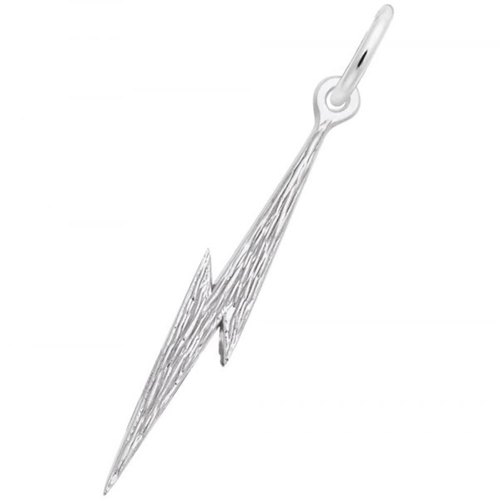 The Rembrandt Charms Lightning Bolt Charm, crafted from sterling silver, features a textured surface and a small loop at the top for attaching to a chain or bracelet. The design boasts sharp, angular lines that give it a dynamic and edgy appearance.