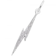 The Rembrandt Charms Lightning Bolt Charm, crafted from sterling silver, features a textured surface and a small loop at the top for attaching to a chain or bracelet. The design boasts sharp, angular lines that give it a dynamic and edgy appearance.