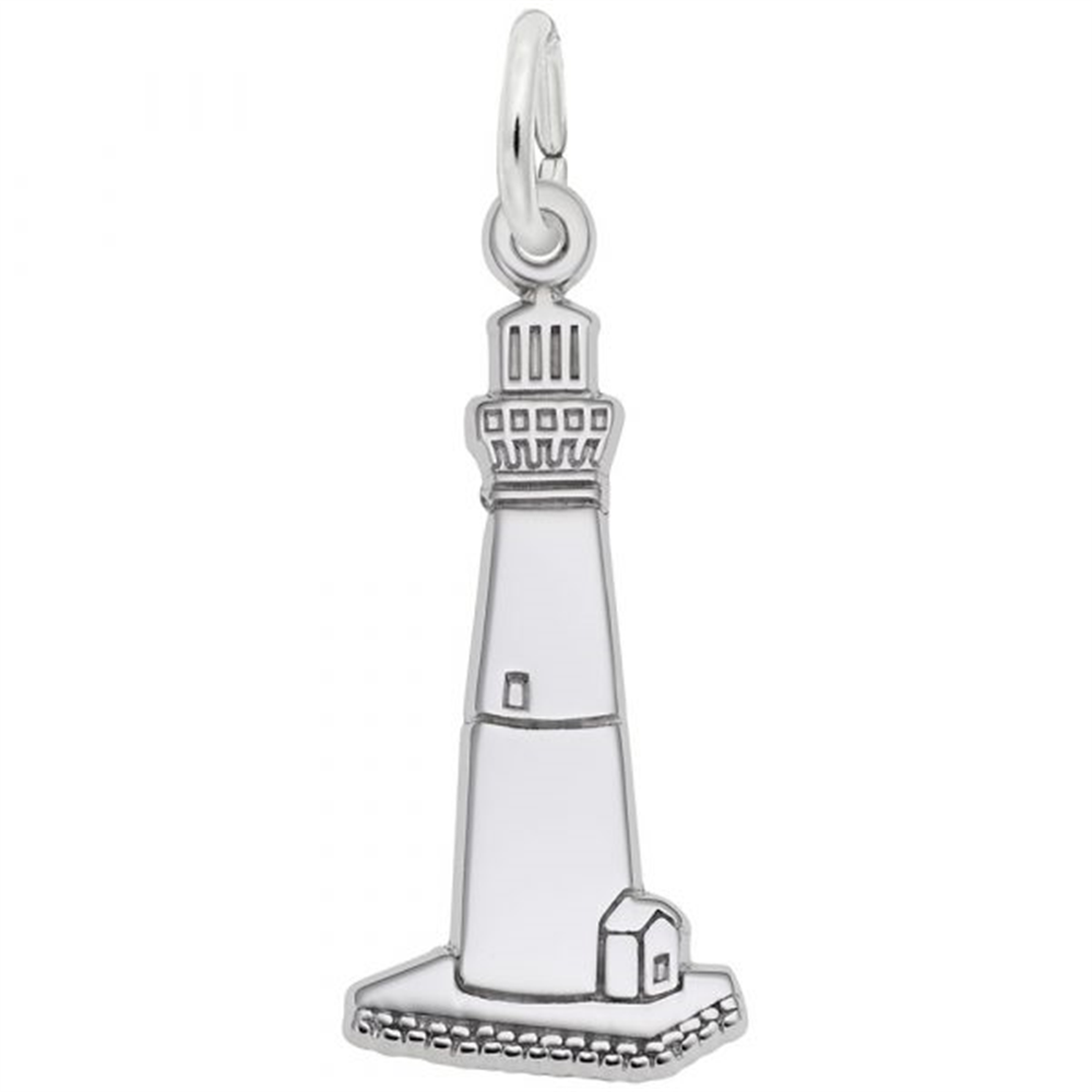 The image shows the Sterling Silver Barnegat, NJ Lighthouse Charm from Rembrandt Charms. The charm is crafted in sterling silver and features a detailed design of the Barnegat Lighthouse. It measures 0.35 inches by 0.73 inches (8.87 mm x 18.61 mm) and has the style number 6568. This charm is a perfect keepsake for lovers of coastal landmarks and nautical enthusiasts.