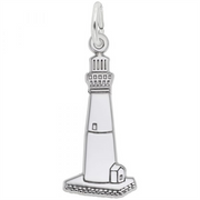 The image shows the Sterling Silver Barnegat, NJ Lighthouse Charm from Rembrandt Charms. The charm is crafted in sterling silver and features a detailed design of the Barnegat Lighthouse. It measures 0.35 inches by 0.73 inches (8.87 mm x 18.61 mm) and has the style number 6568. This charm is a perfect keepsake for lovers of coastal landmarks and nautical enthusiasts.