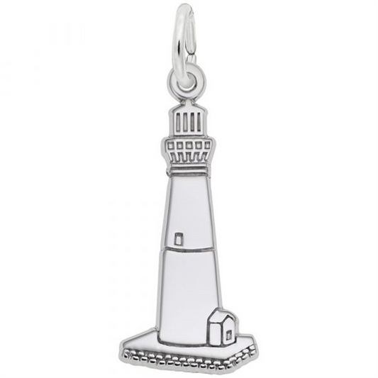 The image shows the Sterling Silver Barnegat, NJ Lighthouse Charm from Rembrandt Charms. The charm is crafted in sterling silver and features a detailed design of the Barnegat Lighthouse. It measures 0.35 inches by 0.73 inches (8.87 mm x 18.61 mm) and has the style number 6568. This charm is a perfect keepsake for lovers of coastal landmarks and nautical enthusiasts.