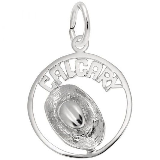 The Calgary Cowboy Hat Sterling Silver Charm by Rembrandt Charms features a detailed cowboy hat in the center, with the word "CALGARY" elegantly engraved around the top edge. A small loop at the top makes it easy to attach this charm to a chain or bracelet.