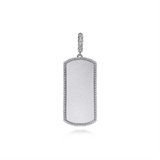 The Gabriel & Co 925 Sterling Silver White Sapphire Personalized Medallion Pendant features a rectangular design, adorned with a border of small round white sapphires and a sapphire-studded bail, hanging vertically. The pendant boasts a smooth, reflective surface.