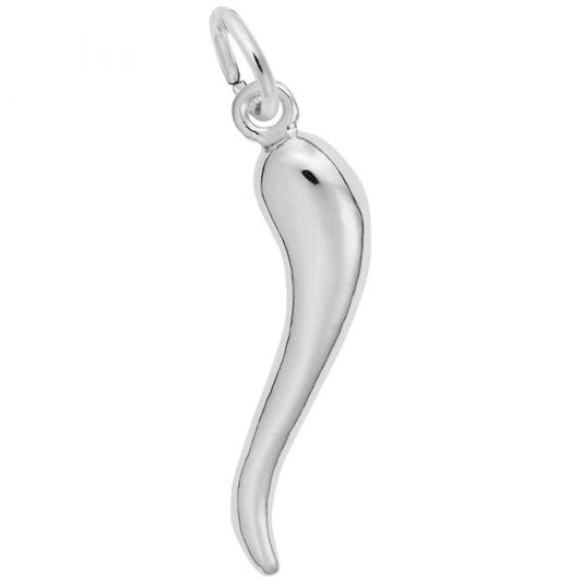 The Rembrandt Charms Italian Horn Charm in sterling silver features a sleek and smooth design in the shape of a twisted Italian horn, tapering to a slightly curved end. It includes a small loop for easy attachment to a necklace or bracelet, all set against a plain white background.