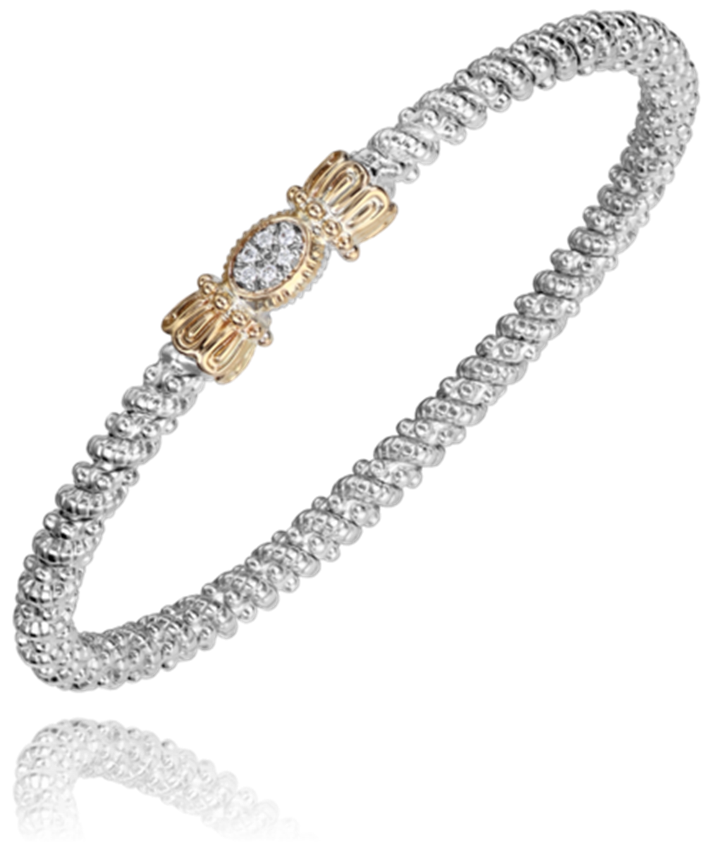 An elegant silver bracelet from Alwand Vahan Jewelry, featuring a 3MM closed band with a textured rope design and a central 0.05CT golden accent adorned with an oval-shaped diamond. The intricate detailing of the golden accent adds sophistication to the sleek and refined appearance of this Size B bracelet, product number 23414D03.